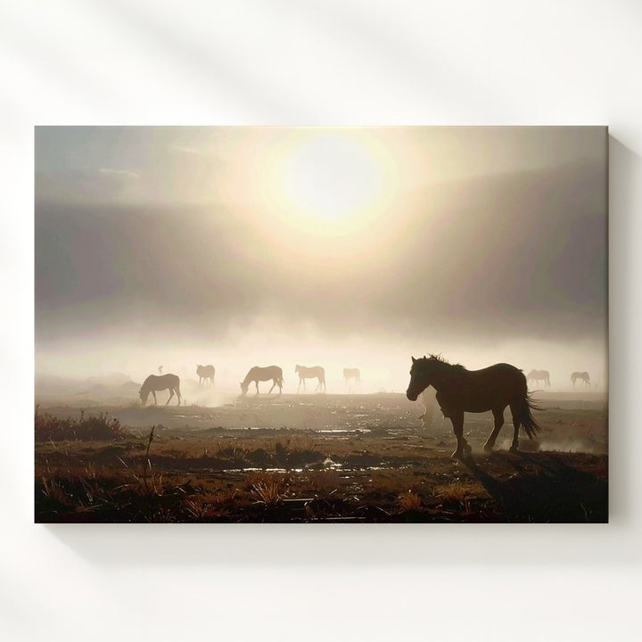 Horses in Foggy Landscape Canvas – Cinematic Equestrian Art - Gifitto