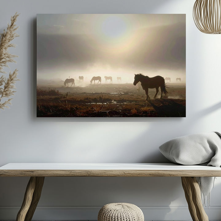 Horses in Foggy Landscape Canvas – Cinematic Equestrian Art - Gifitto
