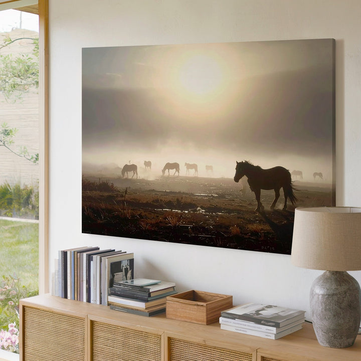 Horses in Foggy Landscape Canvas – Cinematic Equestrian Art - Gifitto