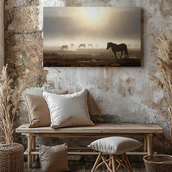 Horses in Foggy Landscape Canvas – Cinematic Equestrian Art - Gifitto