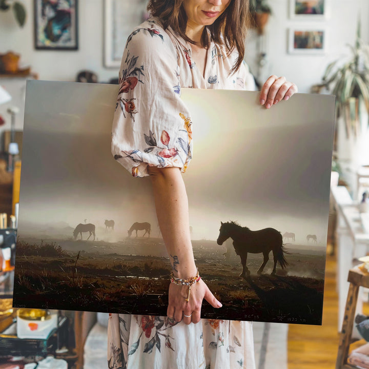 Horses in Foggy Landscape Canvas – Cinematic Equestrian Art - Gifitto