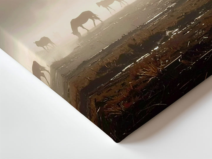 Horses in Foggy Landscape Canvas – Cinematic Equestrian Art - Gifitto