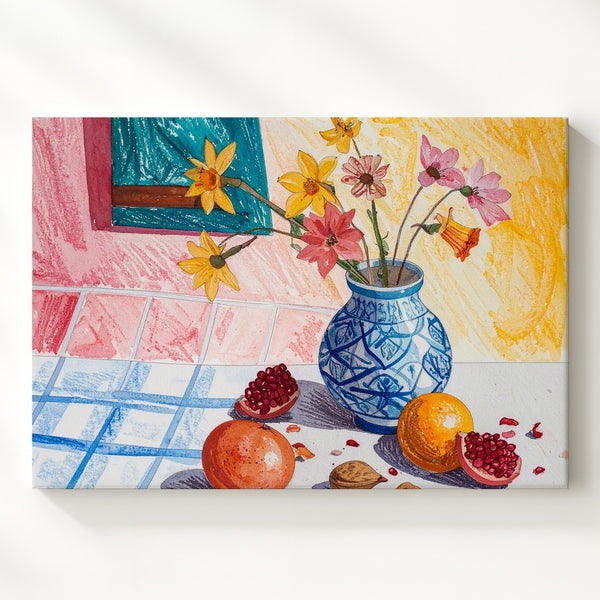 Playful Fruit & Flower Still Life Canvas – Colorful Domestic Charm Art - Gifitto
