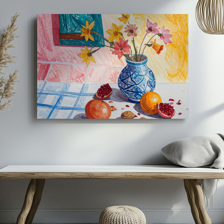 Playful Fruit & Flower Still Life Canvas – Colorful Domestic Charm Art - Gifitto