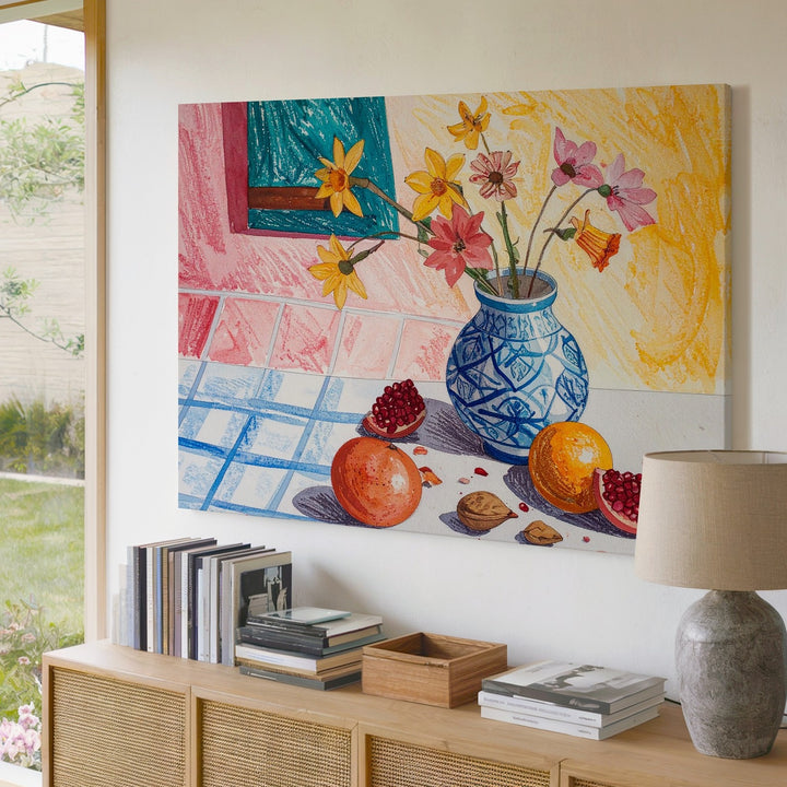 Playful Fruit & Flower Still Life Canvas – Colorful Domestic Charm Art - Gifitto