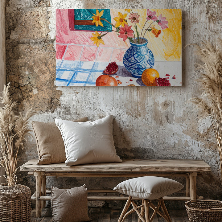 Playful Fruit & Flower Still Life Canvas – Colorful Domestic Charm Art - Gifitto
