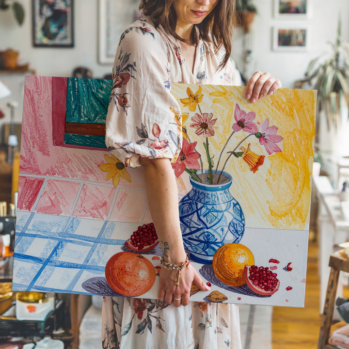Playful Fruit & Flower Still Life Canvas – Colorful Domestic Charm Art - Gifitto