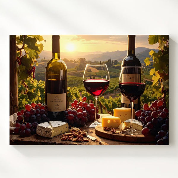Rustic Wine & Cheese Canvas – Vineyard Still Life in Golden Light - Gifitto