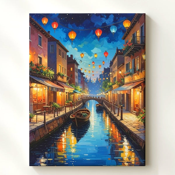 Romantic Canal Night Canvas – Impressionistic Evening Scene with Lanterns and Boat
