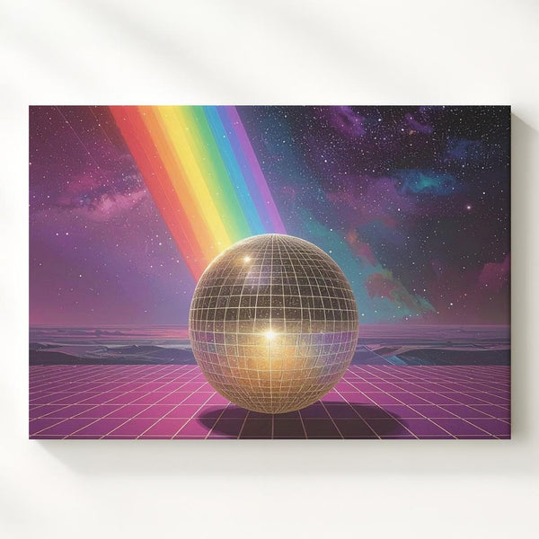 Holographic Sphere Canvas – Surreal Checkered Floor and Vibrant Light Beam - Gifitto