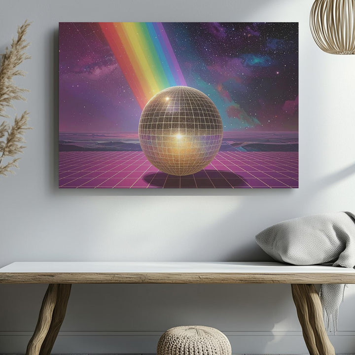 Holographic Sphere Canvas – Surreal Checkered Floor and Vibrant Light Beam - Gifitto