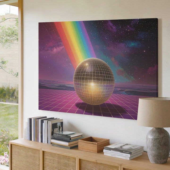 Holographic Sphere Canvas – Surreal Checkered Floor and Vibrant Light Beam - Gifitto