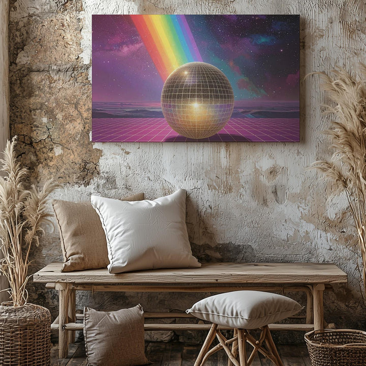 Holographic Sphere Canvas – Surreal Checkered Floor and Vibrant Light Beam - Gifitto