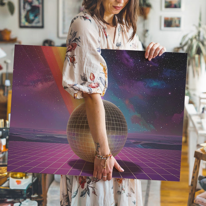 Holographic Sphere Canvas – Surreal Checkered Floor and Vibrant Light Beam - Gifitto