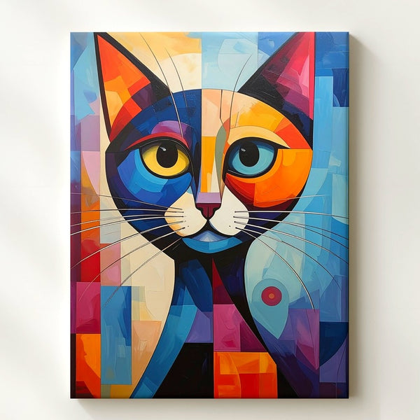 Cubist Cat Canvas – Geometric Abstract Feline in Bold Colors - Gifitto