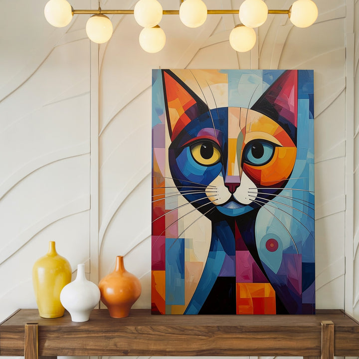 Cubist Cat Canvas – Geometric Abstract Feline in Bold Colors - Gifitto