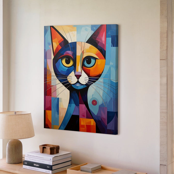 Cubist Cat Canvas – Geometric Abstract Feline in Bold Colors - Gifitto