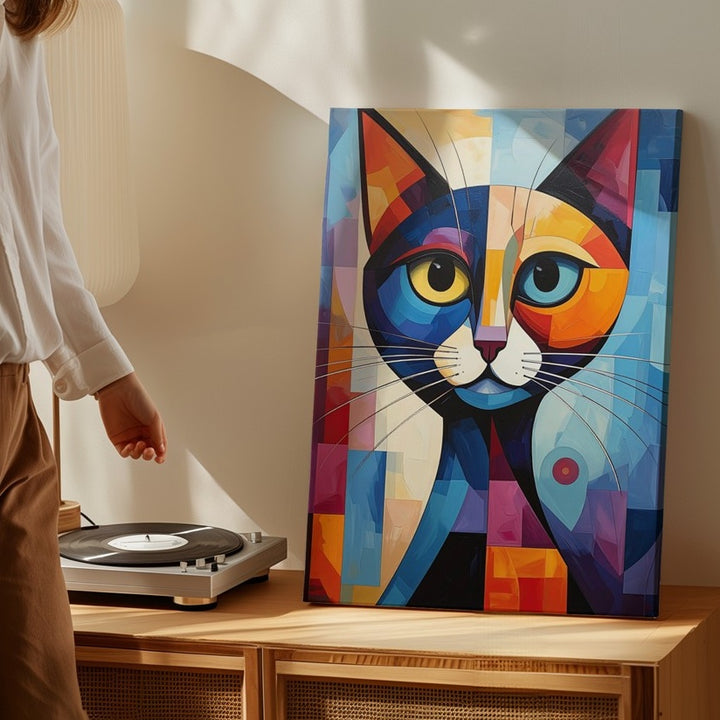Cubist Cat Canvas – Geometric Abstract Feline in Bold Colors - Gifitto