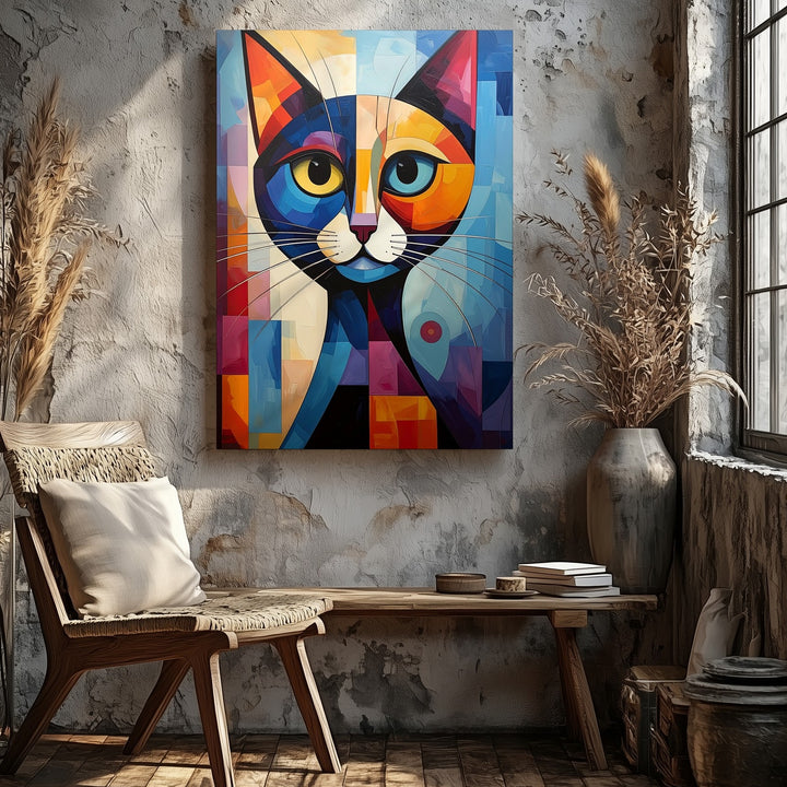 Cubist Cat Canvas – Geometric Abstract Feline in Bold Colors - Gifitto