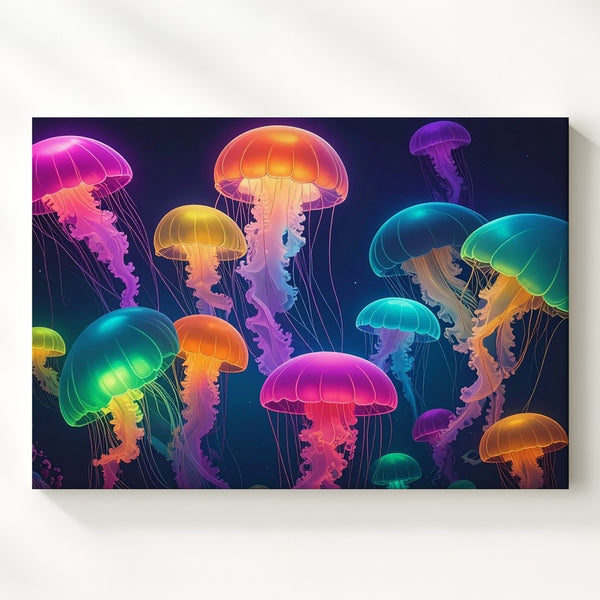 Neon Glow Jellyfish Canvas – Vibrant Bioluminescent Ocean Art