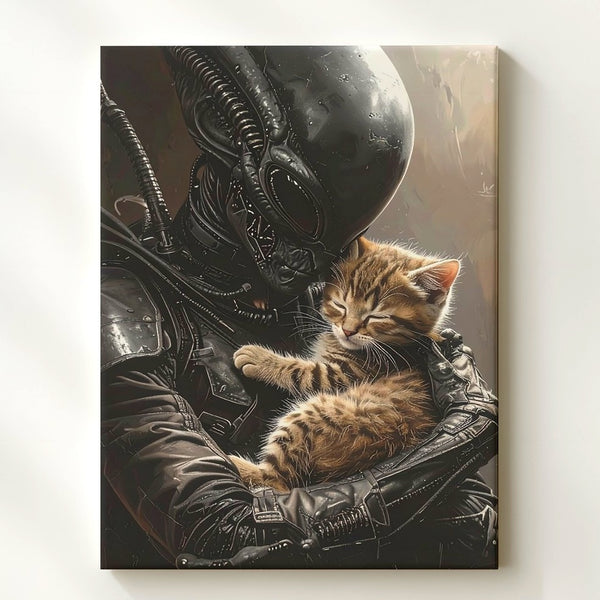 Alien & Kitten Canvas – Surreal Sci-Fi Tenderness in Dark Contrast - Gifitto