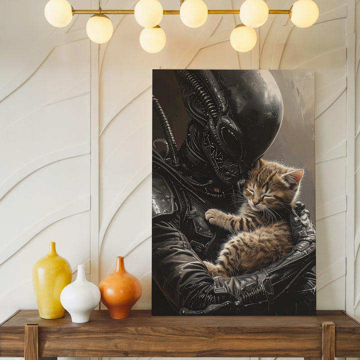 Alien & Kitten Canvas – Surreal Sci-Fi Tenderness in Dark Contrast - Gifitto