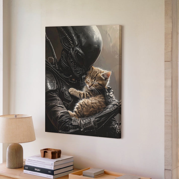 Alien & Kitten Canvas – Surreal Sci-Fi Tenderness in Dark Contrast - Gifitto