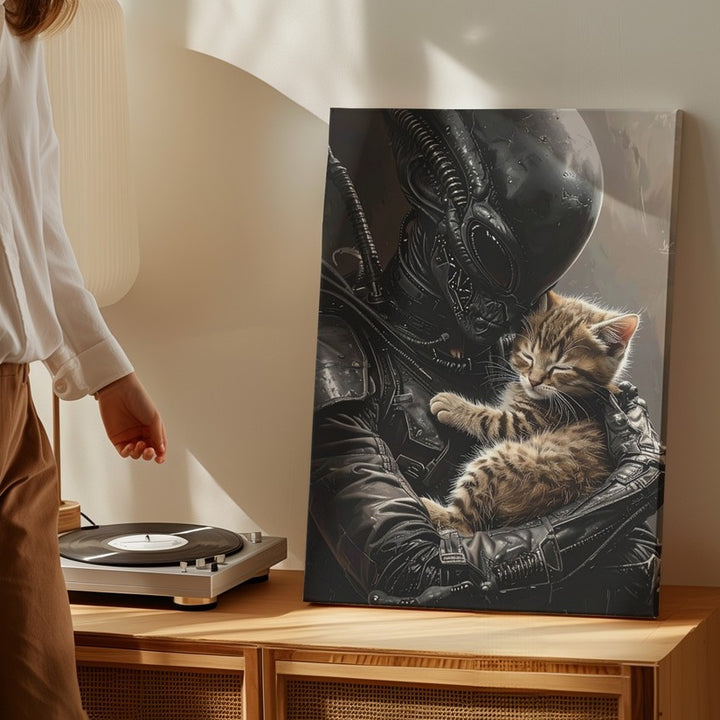 Alien & Kitten Canvas – Surreal Sci-Fi Tenderness in Dark Contrast - Gifitto