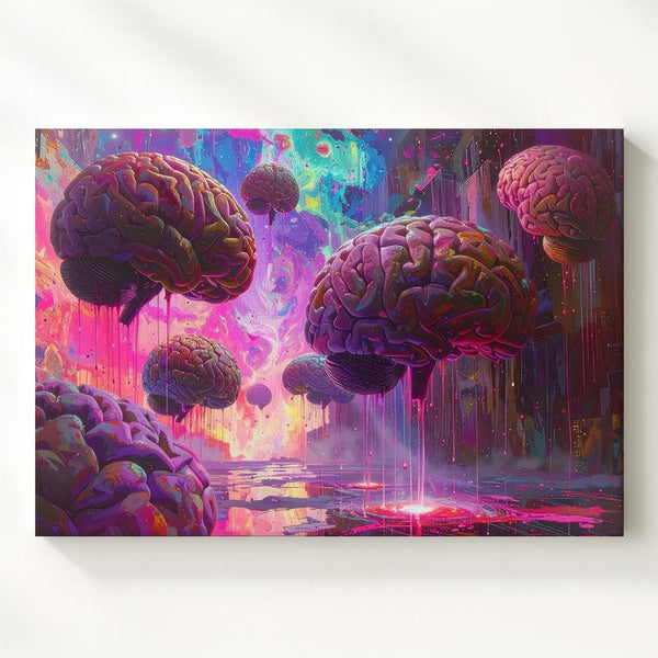 Digital Brain Canvas – Glowing Floating Brains in Neon, Glitch-like Data Stream - Gifitto