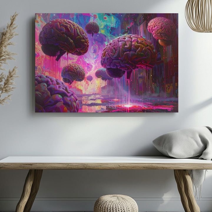 Digital Brain Canvas – Glowing Floating Brains in Neon, Glitch-like Data Stream - Gifitto