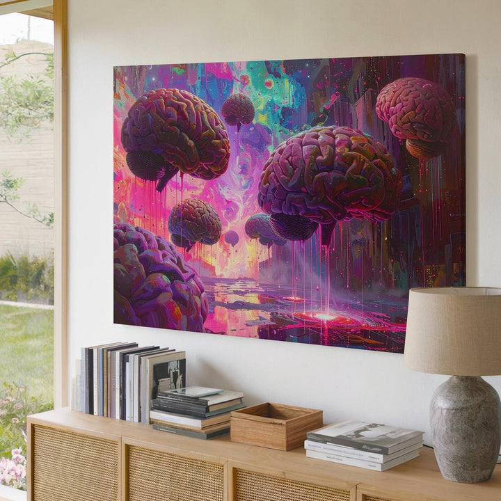 Digital Brain Canvas – Glowing Floating Brains in Neon, Glitch-like Data Stream - Gifitto