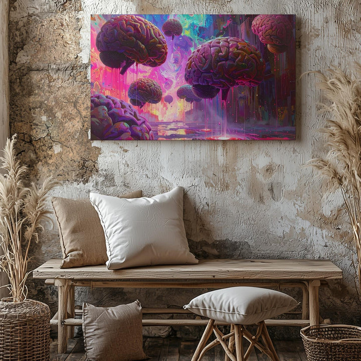 Digital Brain Canvas – Glowing Floating Brains in Neon, Glitch-like Data Stream - Gifitto