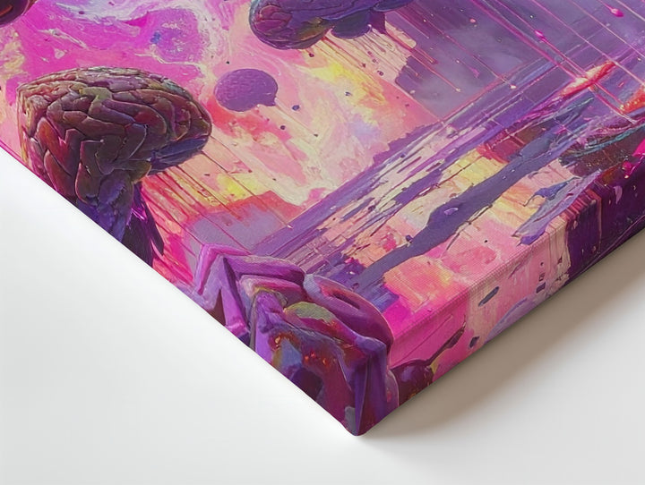 Digital Brain Canvas – Glowing Floating Brains in Neon, Glitch-like Data Stream - Gifitto