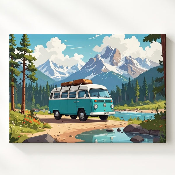 Whimsical VW Camper Van Canvas – Vintage Road Trip in Mountain Valley - Gifitto