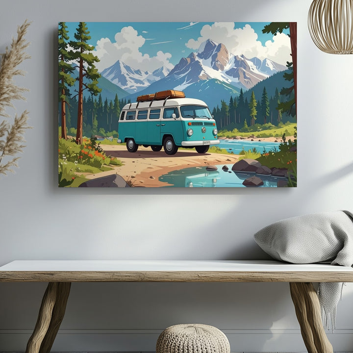 Whimsical VW Camper Van Canvas – Vintage Road Trip in Mountain Valley - Gifitto