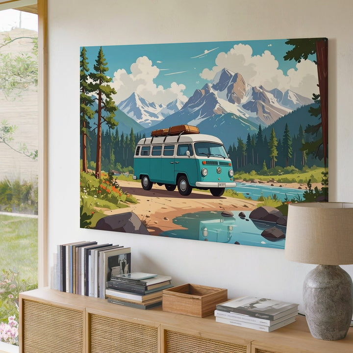 Whimsical VW Camper Van Canvas – Vintage Road Trip in Mountain Valley - Gifitto