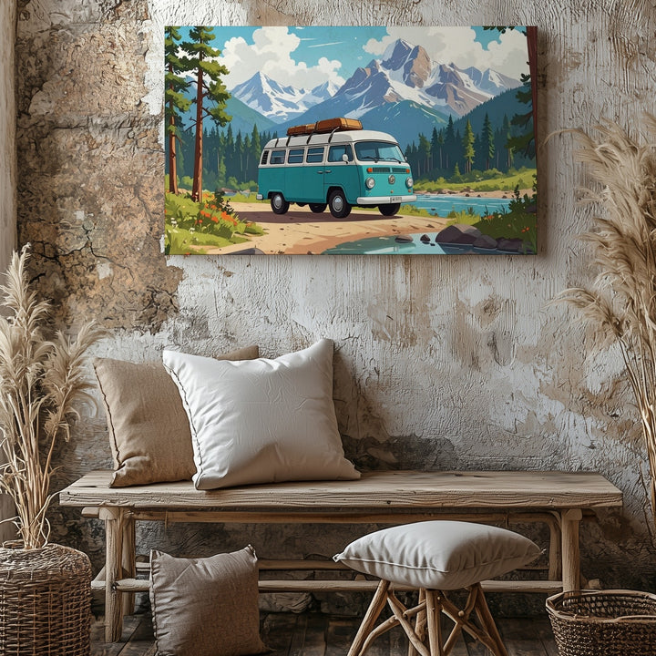 Whimsical VW Camper Van Canvas – Vintage Road Trip in Mountain Valley - Gifitto