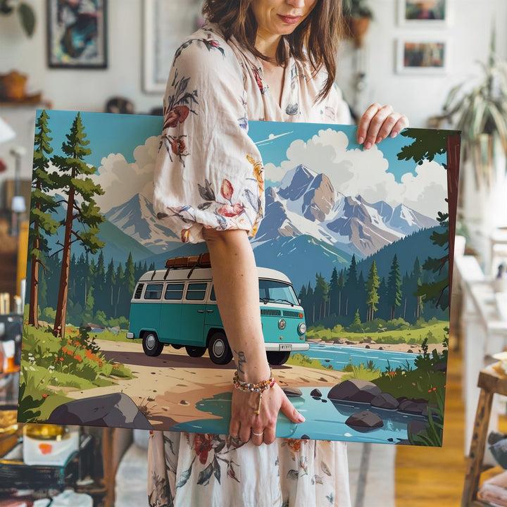 Whimsical VW Camper Van Canvas – Vintage Road Trip in Mountain Valley - Gifitto