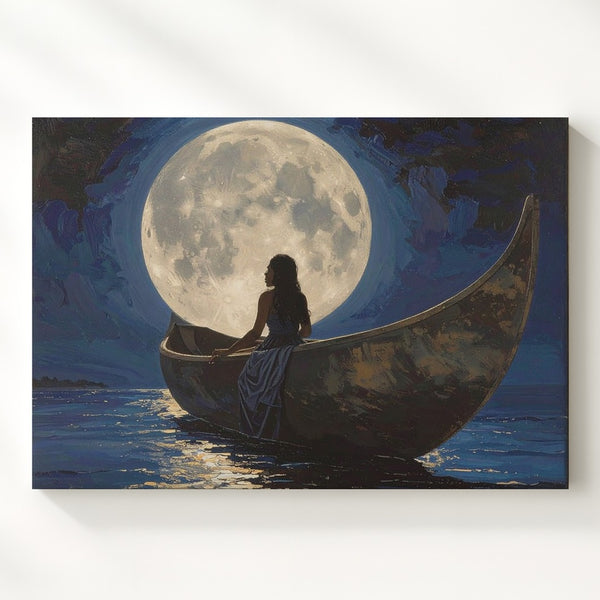 Moonlit Solitude Canvas – Woman in Canoe Under Full Moon Wall Art - Gifitto