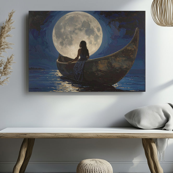 Moonlit Solitude Canvas – Woman in Canoe Under Full Moon Wall Art - Gifitto