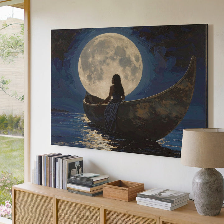 Moonlit Solitude Canvas – Woman in Canoe Under Full Moon Wall Art - Gifitto