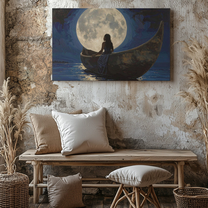 Moonlit Solitude Canvas – Woman in Canoe Under Full Moon Wall Art - Gifitto