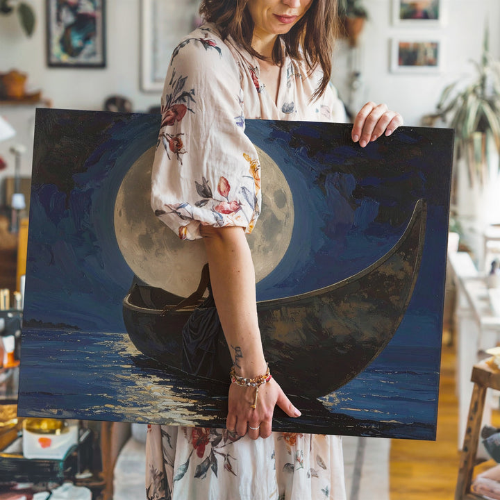Moonlit Solitude Canvas – Woman in Canoe Under Full Moon Wall Art - Gifitto