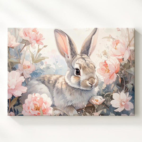 Watercolor Rabbit & Floral Canvas – Elegant Spring Wall Art - Gifitto