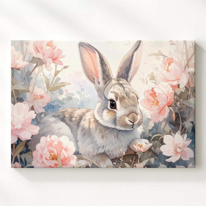 Watercolor Rabbit & Floral Canvas – Elegant Spring Wall Art - Gifitto
