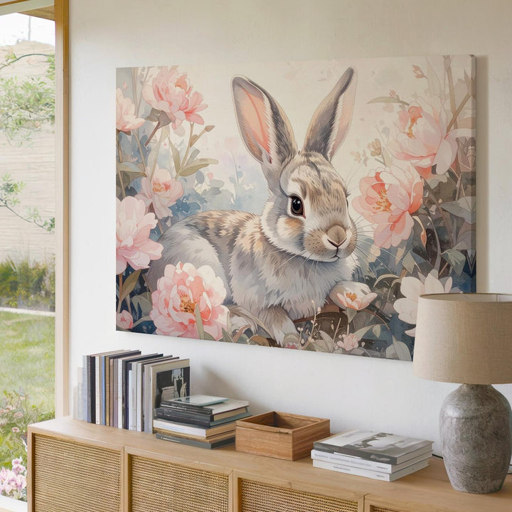 Watercolor Rabbit & Floral Canvas – Elegant Spring Wall Art - Gifitto