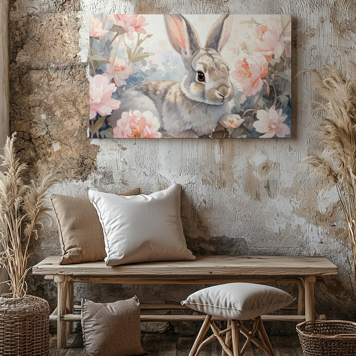 Watercolor Rabbit & Floral Canvas – Elegant Spring Wall Art - Gifitto