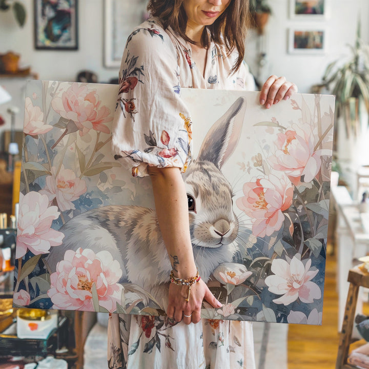 Watercolor Rabbit & Floral Canvas – Elegant Spring Wall Art - Gifitto