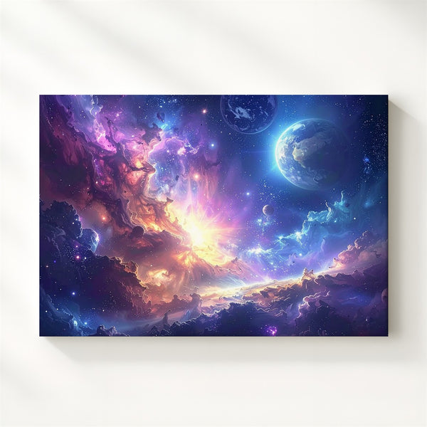Planetary Genesis Canvas – Swirling Nebula & Earth-Like World Deep Space Art - Gifitto