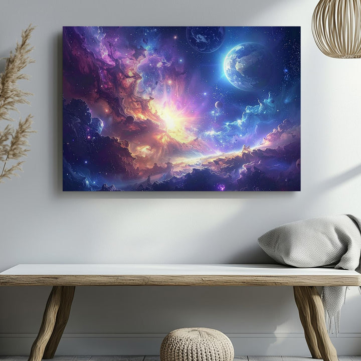 Planetary Genesis Canvas – Swirling Nebula & Earth-Like World Deep Space Art - Gifitto